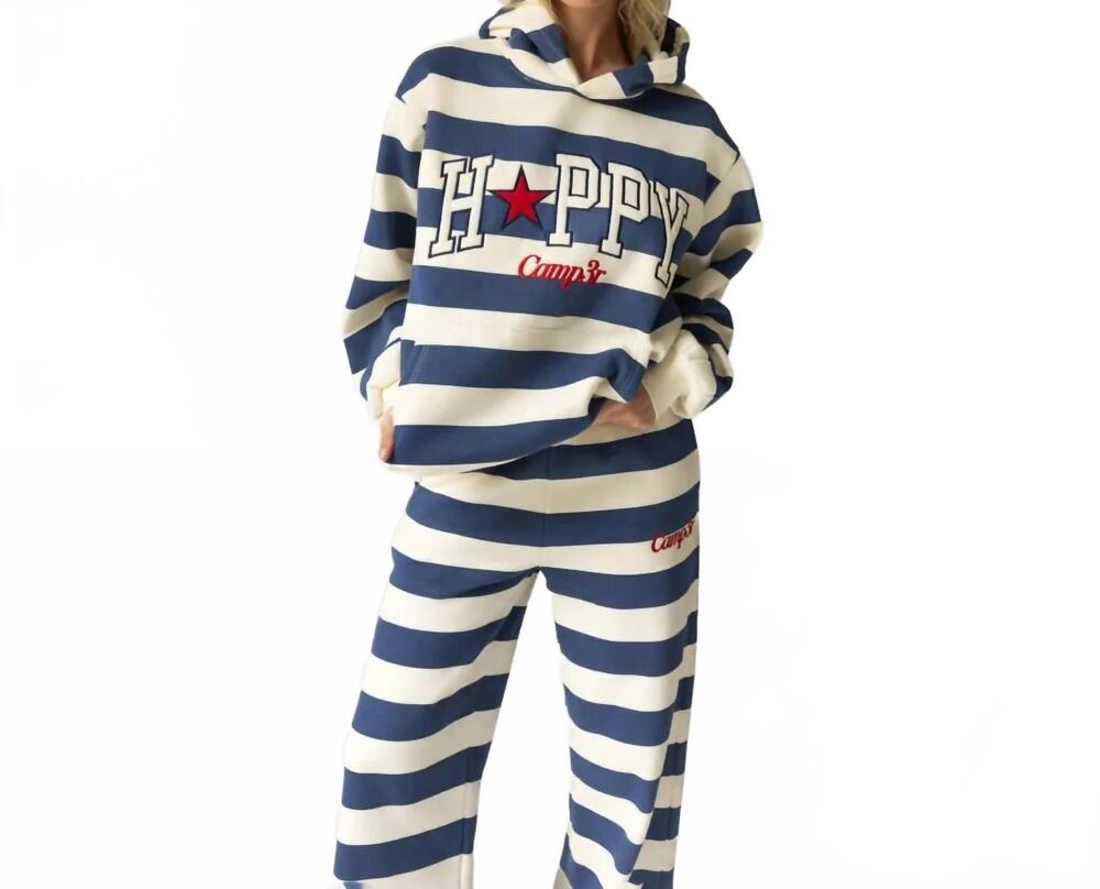 NEW THE HAPPY CAMP3R cotton-polyester happy hoodie in indigo stripe